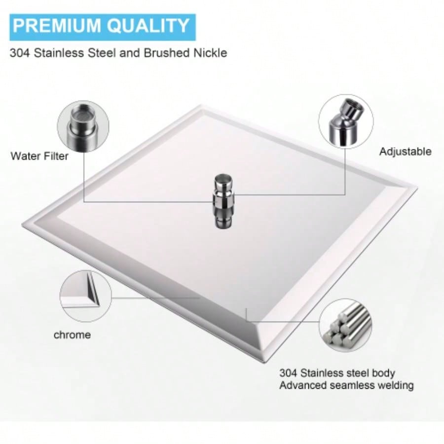 16 Inch Rain Shower, Square Ultra 304 Stainless Steel High Pressure Shower