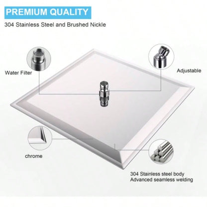 16 Inch Rain Shower, Square Ultra 304 Stainless Steel High Pressure Shower