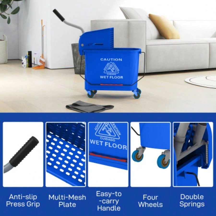 HOMCOM Mop Bucket with Wringer on Wheels Floor Cleaning, 21 Quart, Separate Dirty and Clean, Blue
