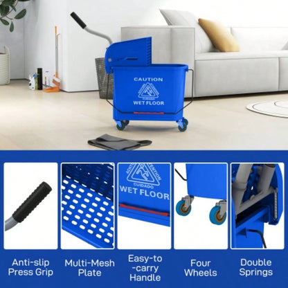 HOMCOM Mop Bucket with Wringer on Wheels Floor Cleaning, 21 Quart, Separate Dirty and Clean, Blue
