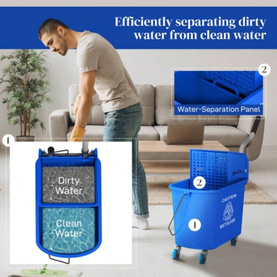 HOMCOM Mop Bucket with Wringer on Wheels Floor Cleaning, 21 Quart, Separate Dirty and Clean, Blue