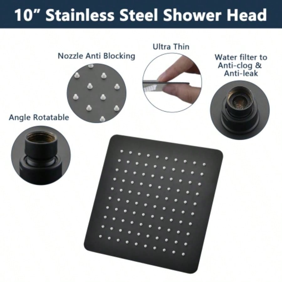 10 Square Rainfall High Pressure Stainless Steel Bath Shower Matte Black