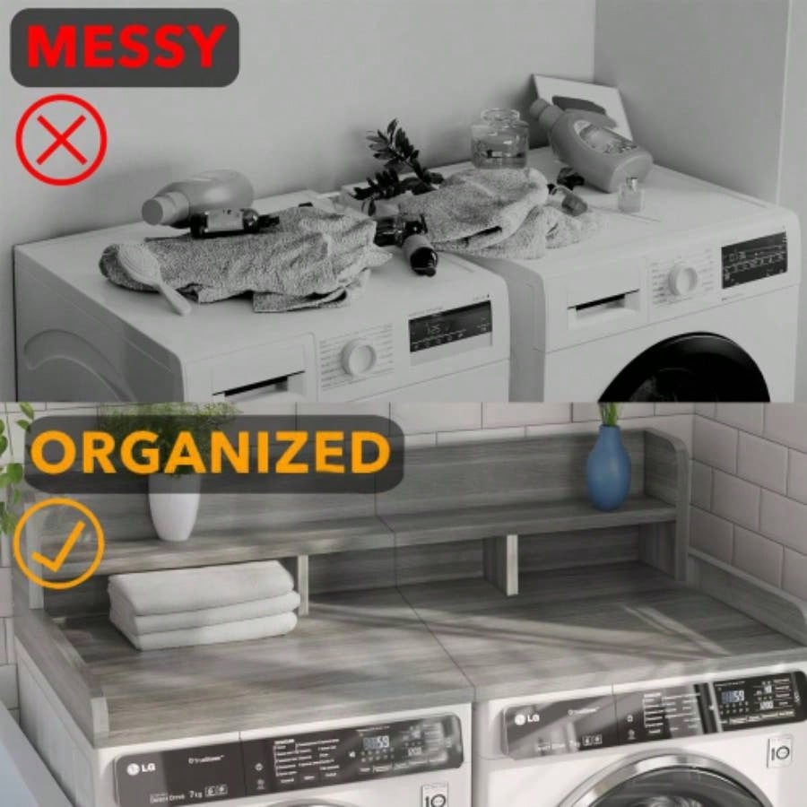 Washer Dryer Countertop with Non - slip Pads, Laundry Wood Shelf Topper with, 54 Widthx 27.5 Depth Double Layer Organizer Washer and Dryer Laundry Hamper Counter Storage STRIPE