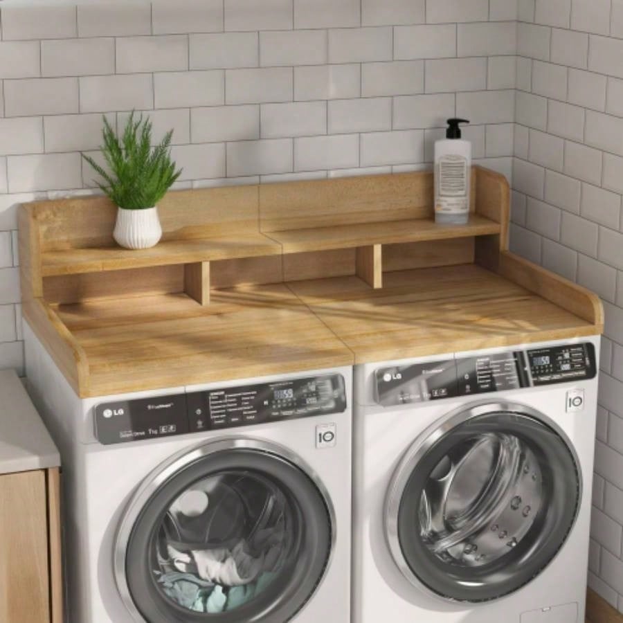 Washer Dryer Countertop with Non - slip Pads, Laundry Wood Shelf Topper with, 54 Widthx 27.5 Depth Double Layer Organizer Washer and Dryer Laundry Hamper Counter Storage NATURAL WOOD