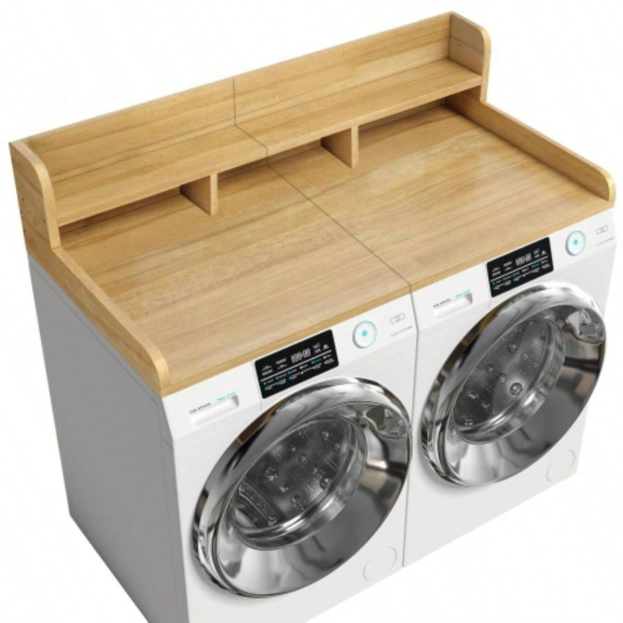 Washer Dryer Countertop with Non - slip Pads, Laundry Wood Shelf Topper with, 54 Widthx 27.5 Depth Double Layer Organizer Washer and Dryer Laundry Hamper Counter Storage NATURAL WOOD