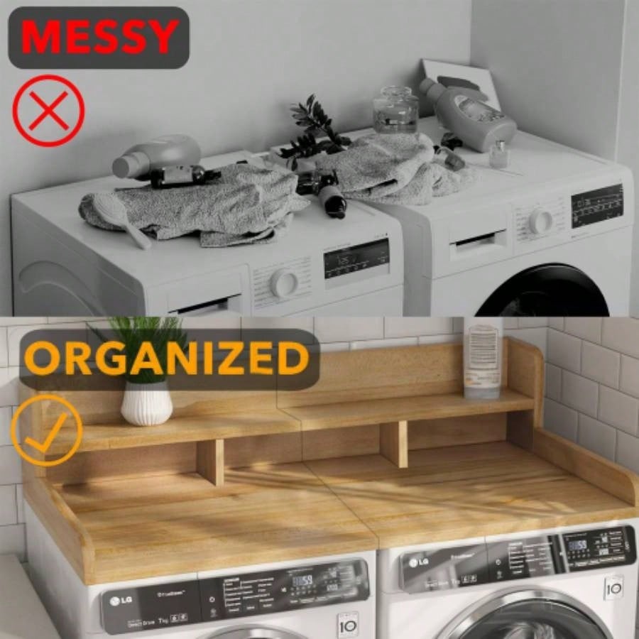 Washer Dryer Countertop with Non - slip Pads, Laundry Wood Shelf Topper with, 54 Widthx 27.5 Depth Double Layer Organizer Washer and Dryer Laundry Hamper Counter Storage NATURAL WOOD