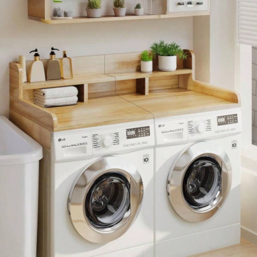 Washer Dryer Countertop with Non - slip Pads, Laundry Wood Shelf Topper with, 54 Widthx 27.5 Depth Double Layer Organizer Washer and Dryer Laundry Hamper Counter Storage NATURAL WOOD