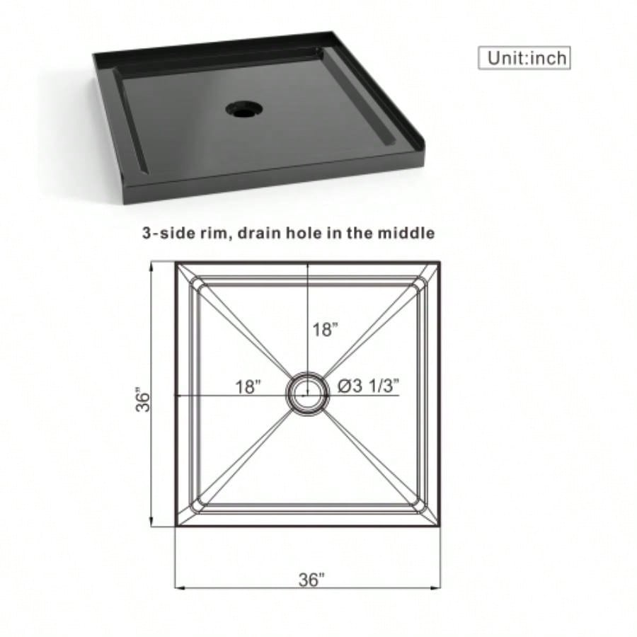 Goodyo 36x36 Shower Base 3.5 Height Anti - slip Acrylic Center Drain Single Threshold Shower Basin in Black