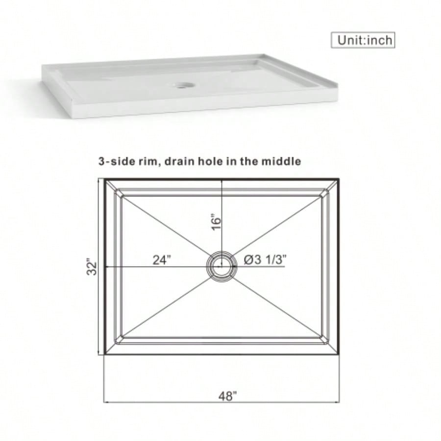 Goodyo 32x48 Shower Base 3.5 Height Anti - slip Acrylic Center Drain Single Threshold Shower Base in White