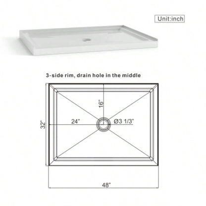 Goodyo 32x48 Shower Base 3.5 Height Anti - slip Acrylic Center Drain Single Threshold Shower Base in White