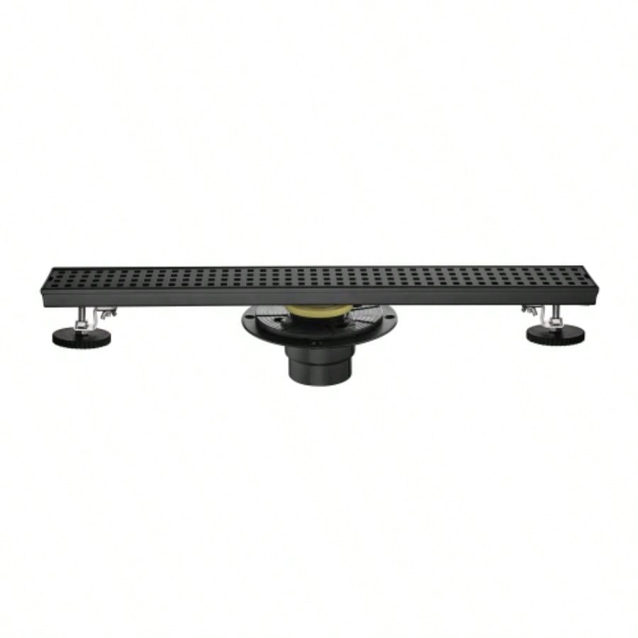 24 Inches Linear Shower Drain with Removable Quadrato Pattern Grate, 304 Stainless Shower Drain Included Hair Strainer and Leveling Feet, Flange