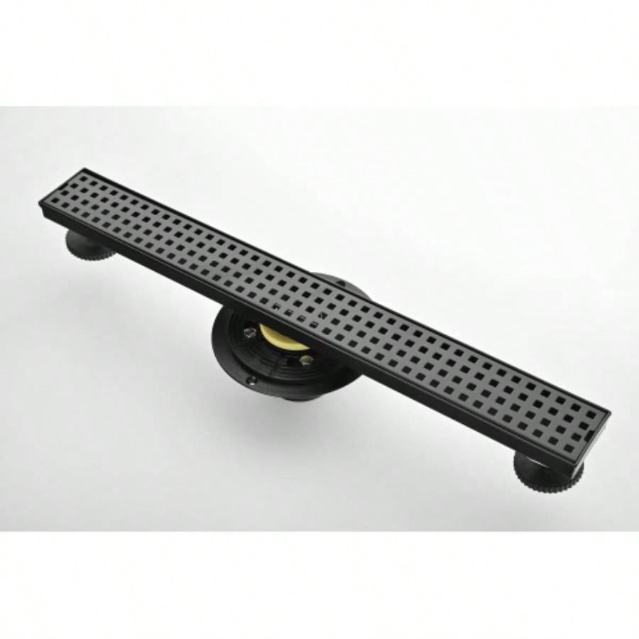 24 Inches Linear Shower Drain with Removable Quadrato Pattern Grate, 304 Stainless Shower Drain Included Hair Strainer and Leveling Feet, Flange