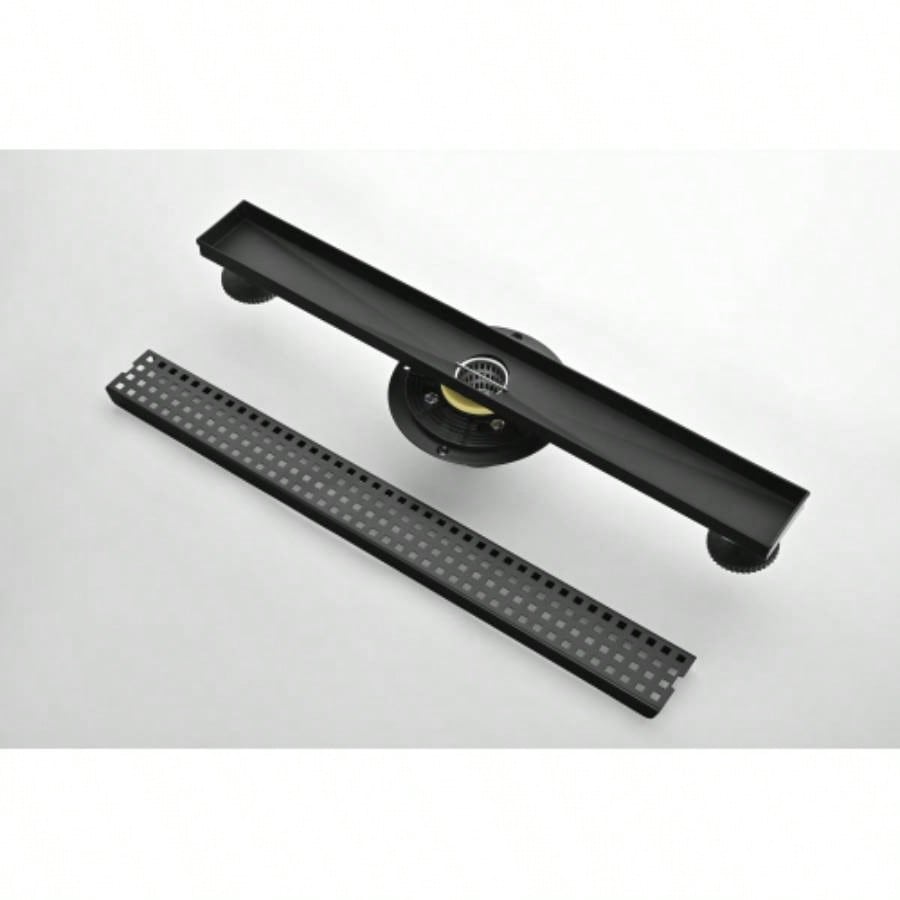 24 Inches Linear Shower Drain with Removable Quadrato Pattern Grate, 304 Stainless Shower Drain Included Hair Strainer and Leveling Feet, Flange