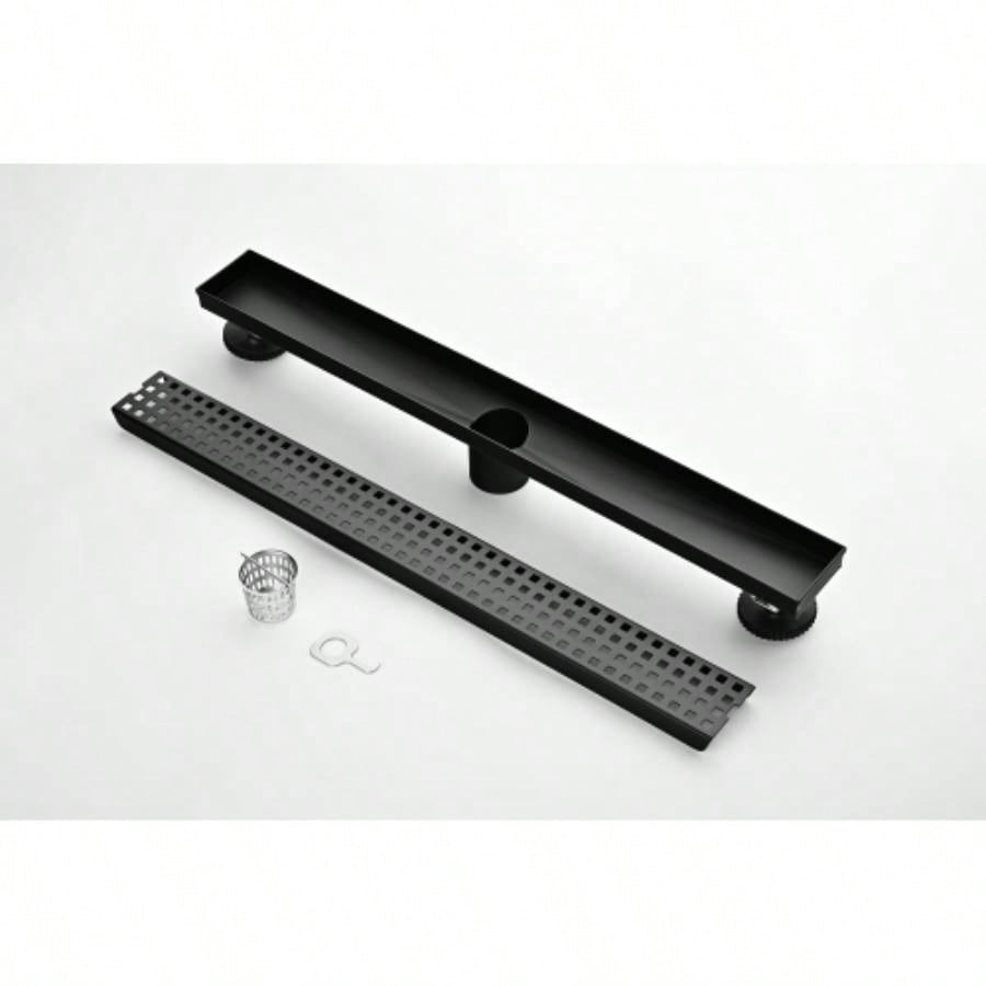 24 Inches Linear Shower Drain with Removable Quadrato Pattern Grate, 304 Stainless Shower Drain Included Hair Strainer and Leveling Feet, Flange