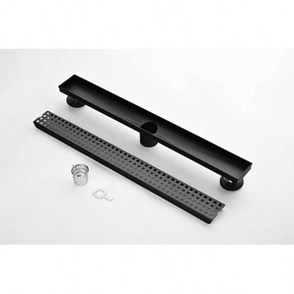 24 Inches Linear Shower Drain with Removable Quadrato Pattern Grate, 304 Stainless Shower Drain Included Hair Strainer and Leveling Feet, Flange
