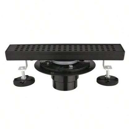 12 Inches Linear Shower Drain with Removable Quadrato Pattern Grate, 304 Stainless Shower Drain Included Hair Strainer and Leveling Feet, Flange