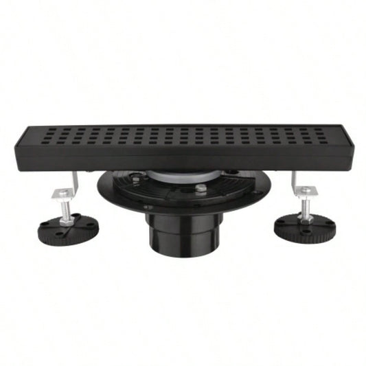 12 Inches Linear Shower Drain with Removable Quadrato Pattern Grate, 304 Stainless Shower Drain Included Hair Strainer and Leveling Feet, Flange