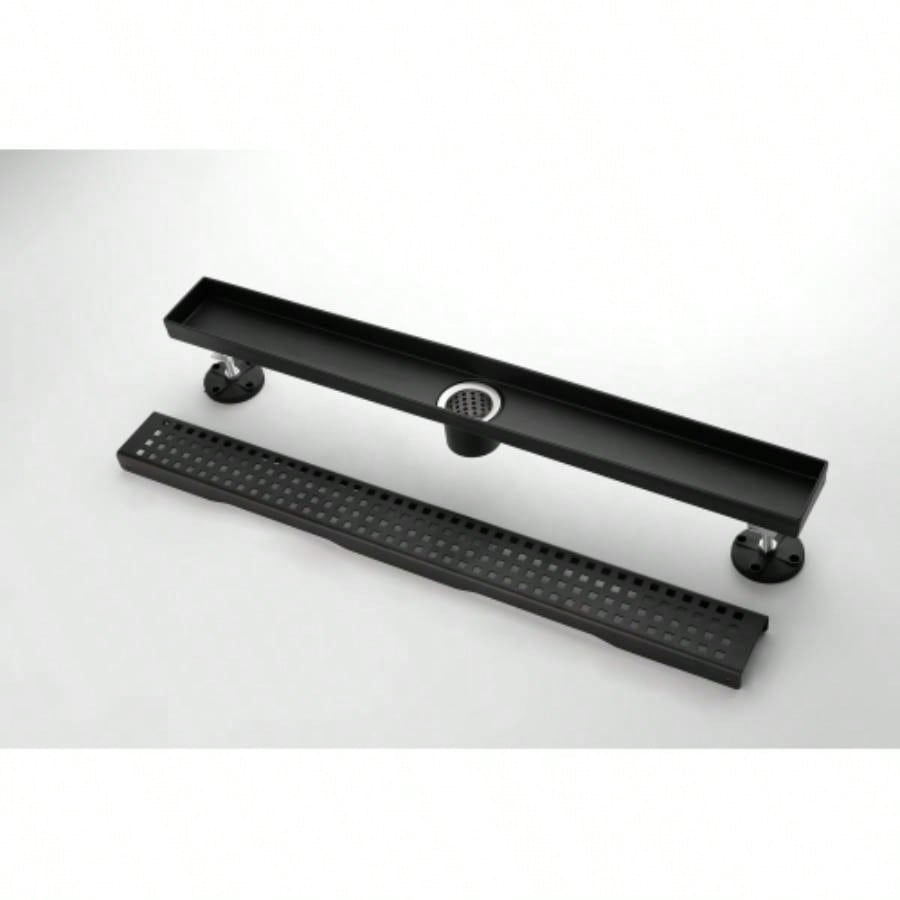 28 Inches Linear Shower Drain with Removable Quadrato Pattern Grate, 304 Stainless Shower Drain Included Hair Strainer and Leveling Feet, Flange