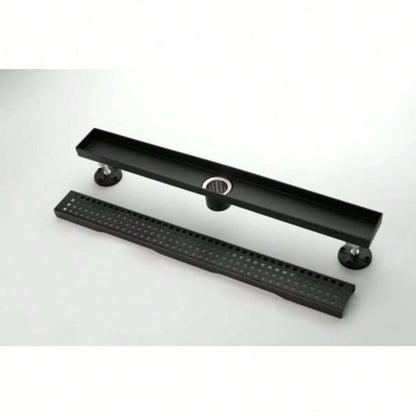 28 Inches Linear Shower Drain with Removable Quadrato Pattern Grate, 304 Stainless Shower Drain Included Hair Strainer and Leveling Feet, Flange