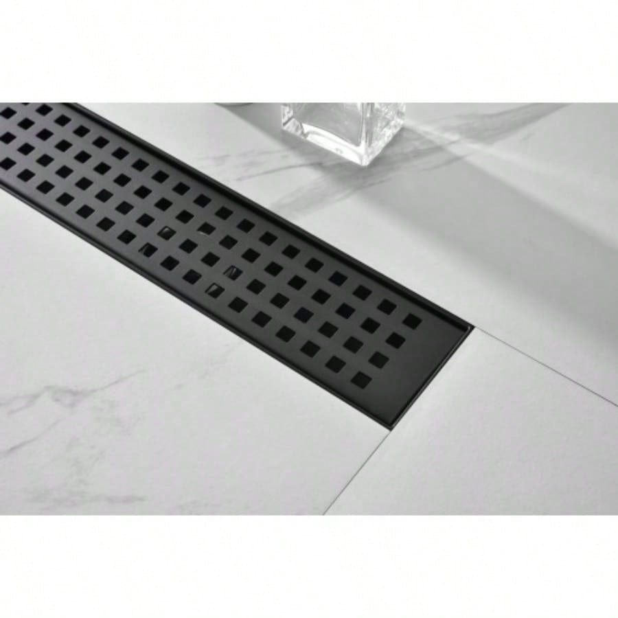 12 Inches Linear Shower Drain with Removable Quadrato Pattern Grate, 304 Stainless Shower Drain Included Hair Strainer and Leveling Feet, Flange