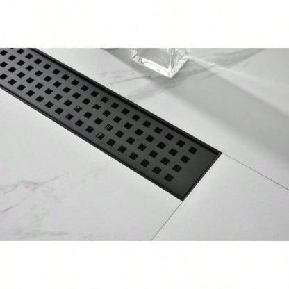 12 Inches Linear Shower Drain with Removable Quadrato Pattern Grate, 304 Stainless Shower Drain Included Hair Strainer and Leveling Feet, Flange