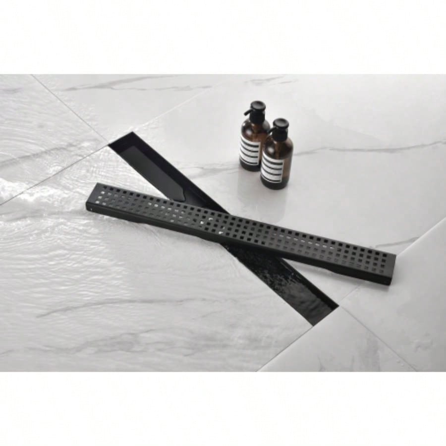 28 Inches Linear Shower Drain with Removable Quadrato Pattern Grate, 304 Stainless Shower Drain Included Hair Strainer and Leveling Feet, Flange