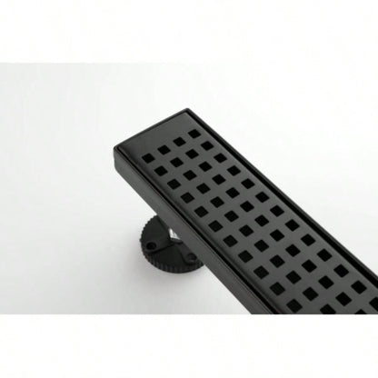28 Inches Linear Shower Drain with Removable Quadrato Pattern Grate, 304 Stainless Shower Drain Included Hair Strainer and Leveling Feet, Flange