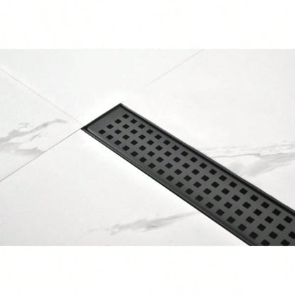 28 Inches Linear Shower Drain with Removable Quadrato Pattern Grate, 304 Stainless Shower Drain Included Hair Strainer and Leveling Feet, Flange
