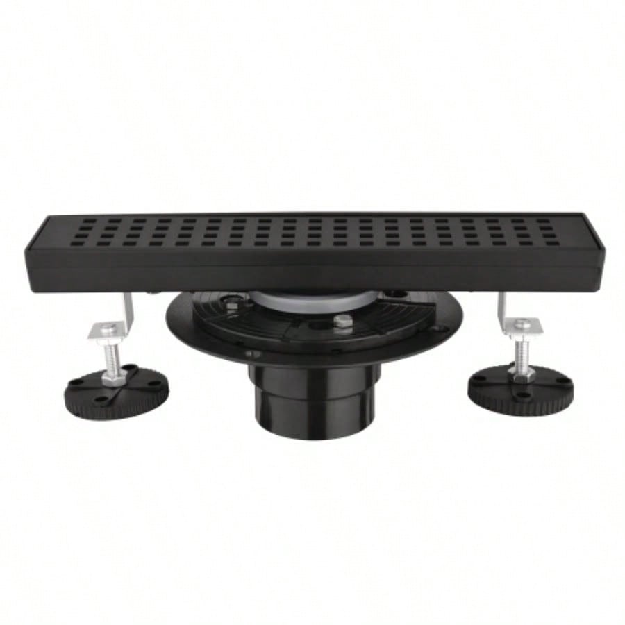 12 Inches Linear Shower Drain with Removable Quadrato Pattern Grate, 304 Stainless Shower Drain Included Hair Strainer and Leveling Feet, Flange