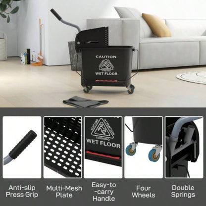 HOMCOM Mop Bucket with Wringer on Wheels Floor Cleaning, 21 Quart, Separate Dirty and Clean, Black