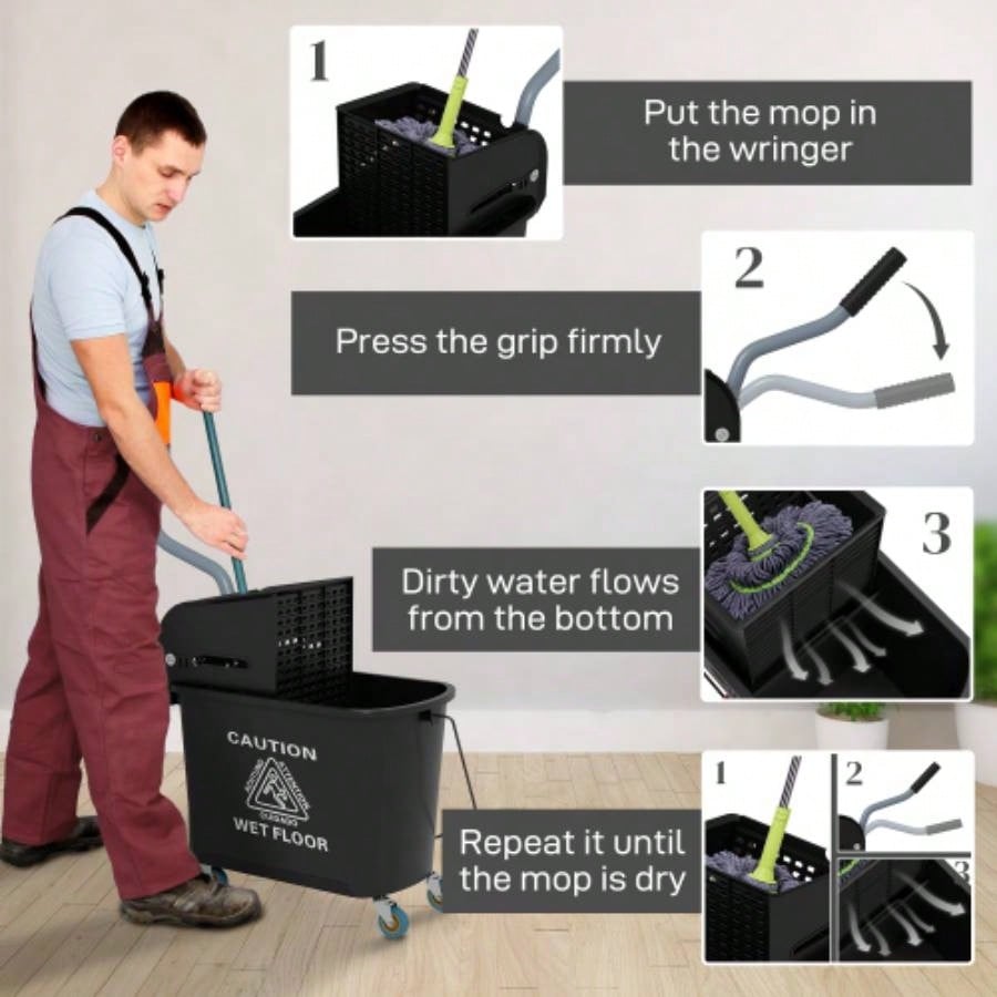 HOMCOM Mop Bucket with Wringer on Wheels Floor Cleaning, 21 Quart, Separate Dirty and Clean, Black