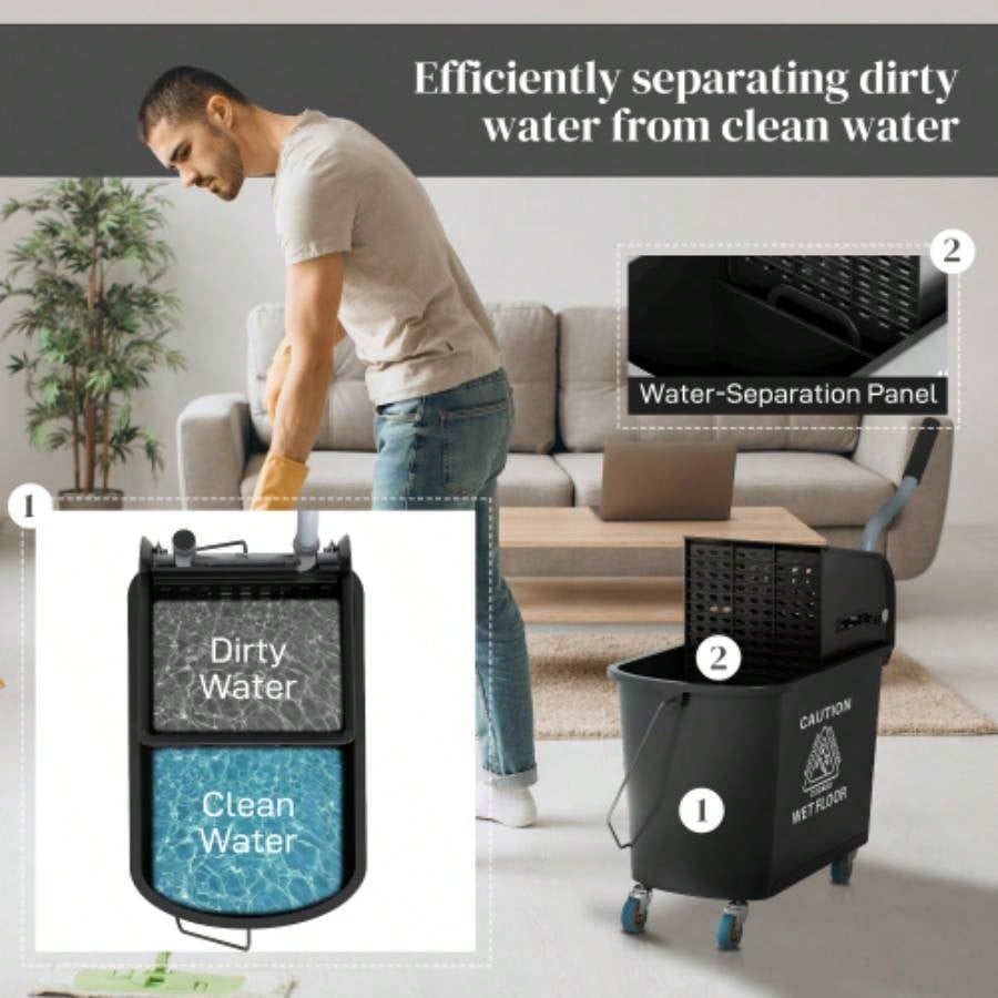 HOMCOM Mop Bucket with Wringer on Wheels Floor Cleaning, 21 Quart, Separate Dirty and Clean, Black