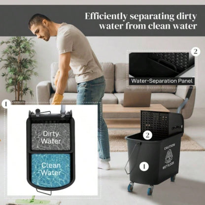 HOMCOM Mop Bucket with Wringer on Wheels Floor Cleaning, 21 Quart, Separate Dirty and Clean, Black