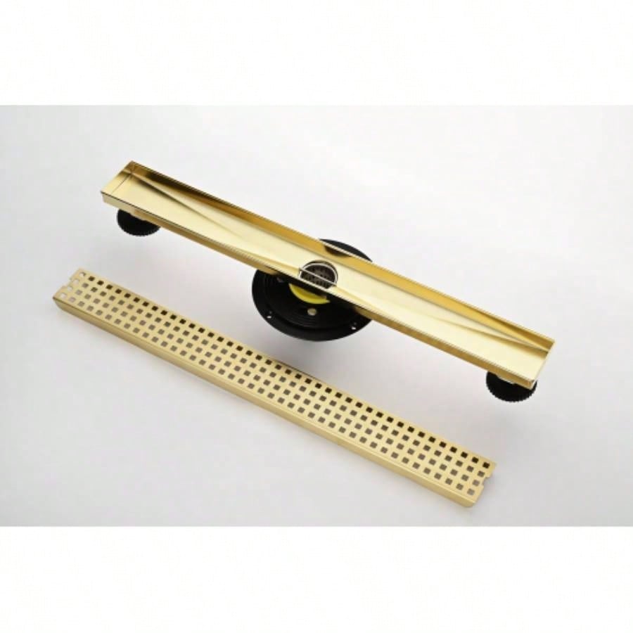 24 Inches Linear Shower Drain with Removable Quadrato Pattern Grate, 304 Stainless Shower Drain Included Hair Strainer and Leveling Feet, Flange