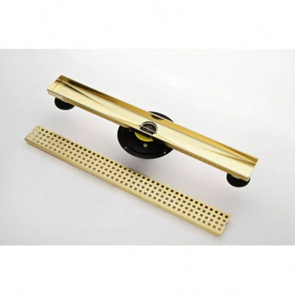 24 Inches Linear Shower Drain with Removable Quadrato Pattern Grate, 304 Stainless Shower Drain Included Hair Strainer and Leveling Feet, Flange