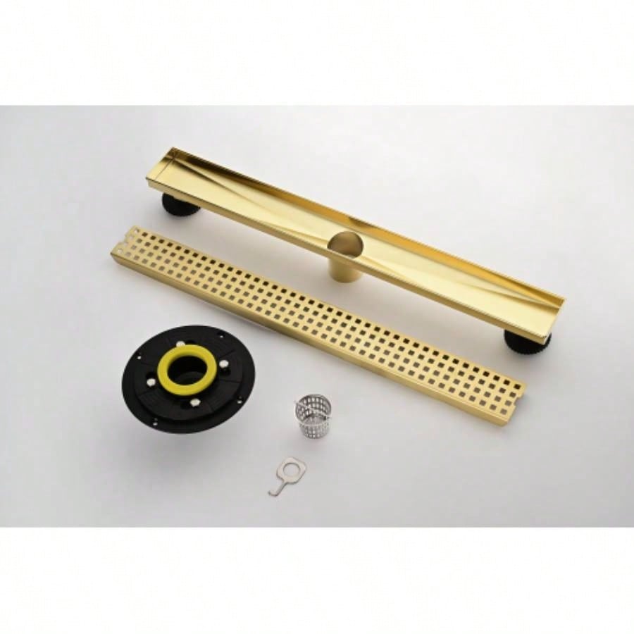 24 Inches Linear Shower Drain with Removable Quadrato Pattern Grate, 304 Stainless Shower Drain Included Hair Strainer and Leveling Feet, Flange