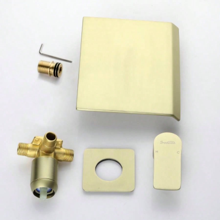 Brushed Gold Waterfall Bathroom Sink Faucet 1 - Handle Wall Mount Lavatory Faucet Mixer Tap Solid Brass