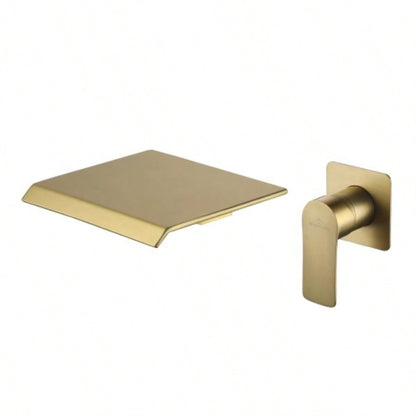 Brushed Gold Waterfall Bathroom Sink Faucet 1 - Handle Wall Mount Lavatory Faucet Mixer Tap Solid Brass