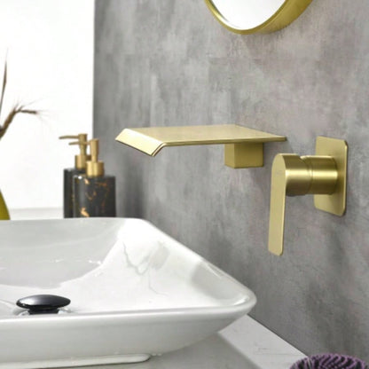 Brushed Gold Waterfall Bathroom Sink Faucet 1 - Handle Wall Mount Lavatory Faucet Mixer Tap Solid Brass
