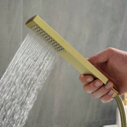 Single - Handle Tub Deck Mount Roman Tub Faucet with Hand Shower and Suply Hose in Brushed Gold