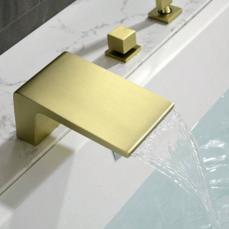 Single - Handle Tub Deck Mount Roman Tub Faucet with Hand Shower and Suply Hose in Brushed Gold