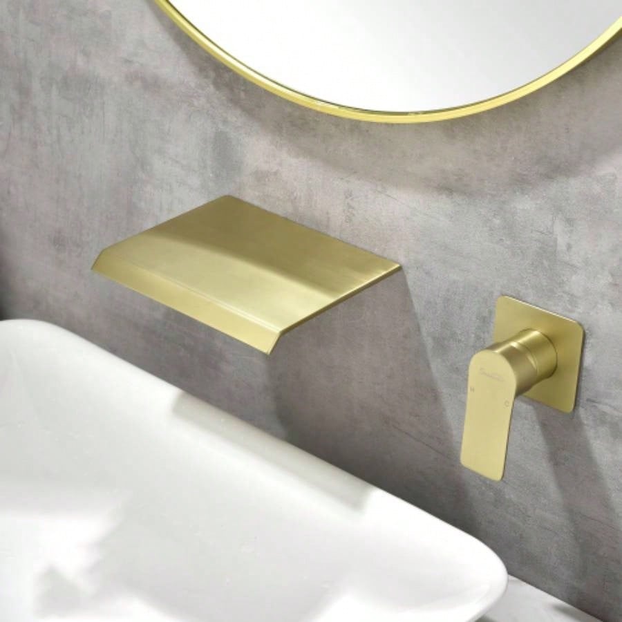 Brushed Gold Waterfall Bathroom Sink Faucet 1 - Handle Wall Mount Lavatory Faucet Mixer Tap Solid Brass