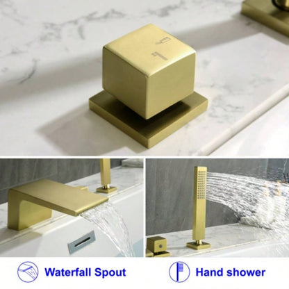 Single - Handle Tub Deck Mount Roman Tub Faucet with Hand Shower and Suply Hose in Brushed Gold