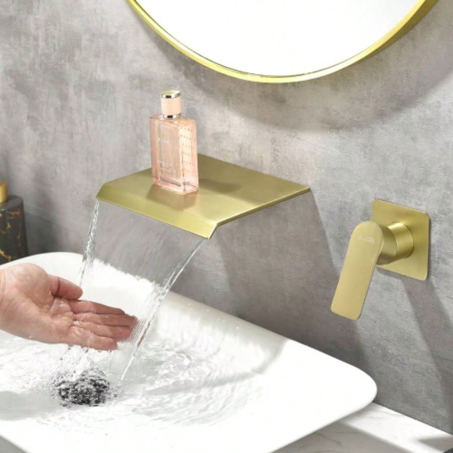 Brushed Gold Waterfall Bathroom Sink Faucet 1 - Handle Wall Mount Lavatory Faucet Mixer Tap Solid Brass
