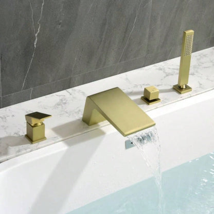 Single - Handle Tub Deck Mount Roman Tub Faucet with Hand Shower and Suply Hose in Brushed Gold