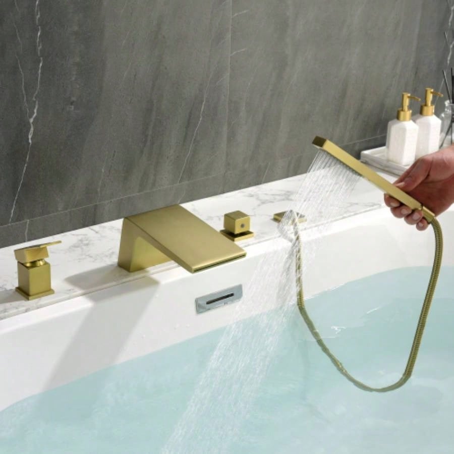 Single - Handle Tub Deck Mount Roman Tub Faucet with Hand Shower and Suply Hose in Brushed Gold