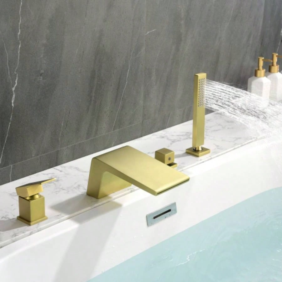 Single - Handle Tub Deck Mount Roman Tub Faucet with Hand Shower and Suply Hose in Brushed Gold