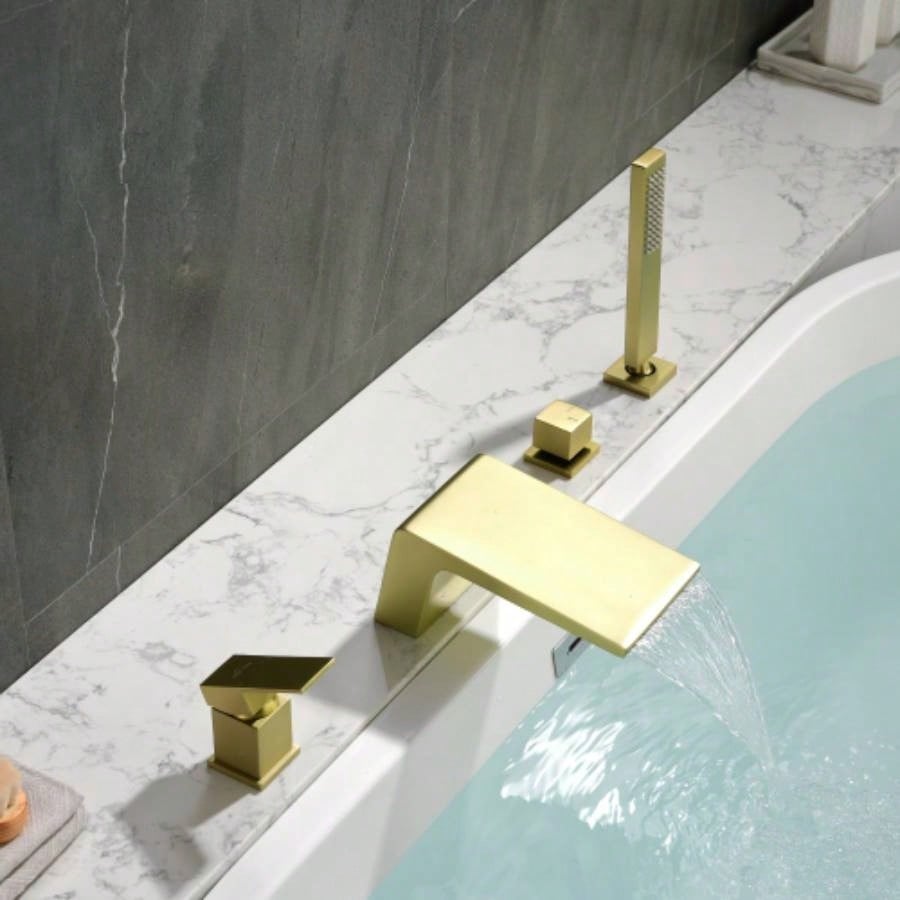 Single - Handle Tub Deck Mount Roman Tub Faucet with Hand Shower and Suply Hose in Brushed Gold