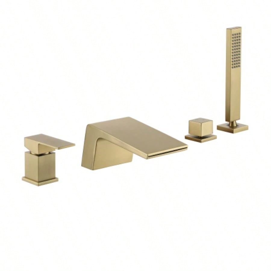 Single - Handle Tub Deck Mount Roman Tub Faucet with Hand Shower and Suply Hose in Brushed Gold
