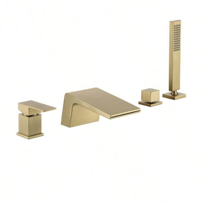 Single - Handle Tub Deck Mount Roman Tub Faucet with Hand Shower and Suply Hose in Brushed Gold